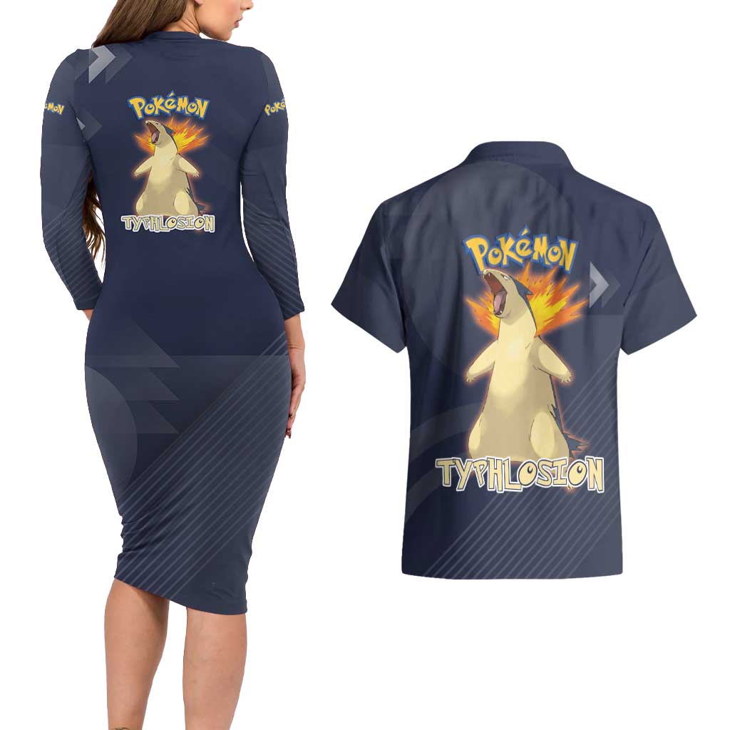 Typhlosion Poké Couples Matching Long Sleeve Bodycon Dress and Hawaiian Shirt Fierce Flame Burst Vector Style