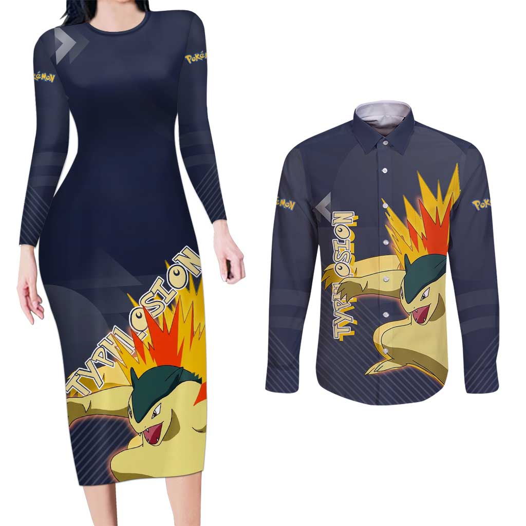 Typhlosion Poké Couples Matching Long Sleeve Bodycon Dress and Long Sleeve Button Shirt Fierce Flame Burst Vector Style