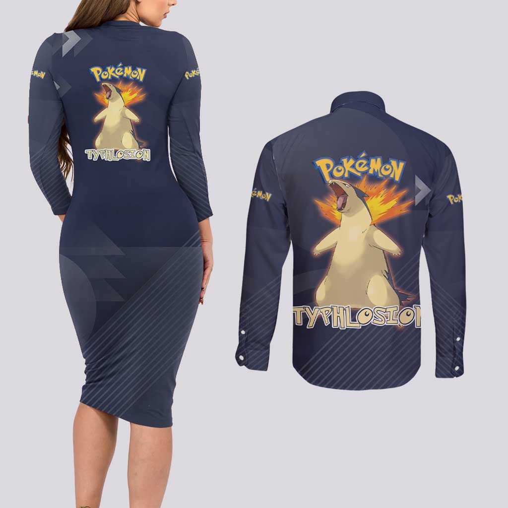 Typhlosion Poké Couples Matching Long Sleeve Bodycon Dress and Long Sleeve Button Shirt Fierce Flame Burst Vector Style