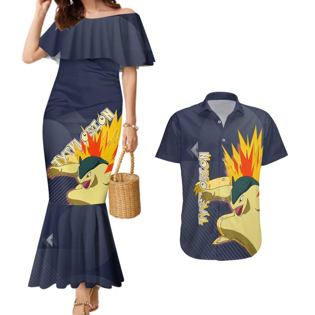 Typhlosion Poké Couples Matching Mermaid Dress and Hawaiian Shirt Fierce Flame Burst Vector Style