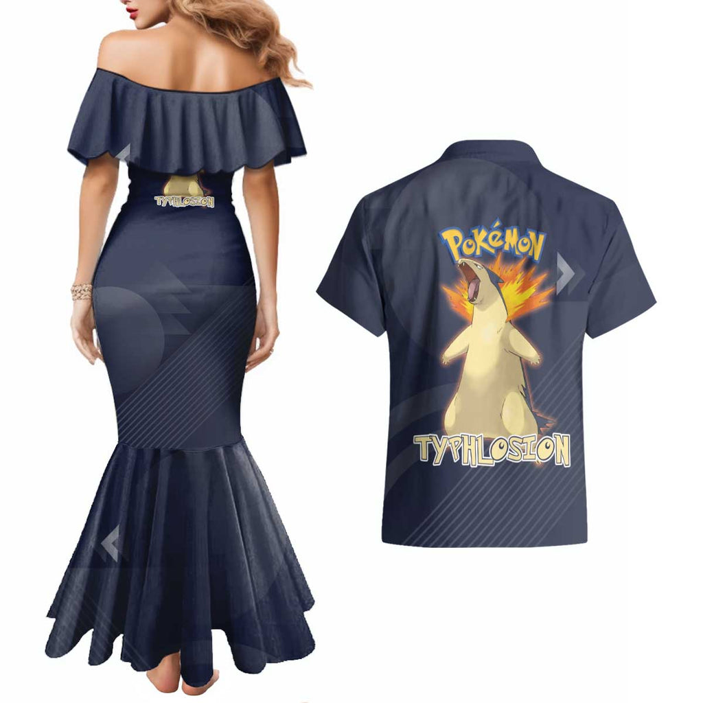 Typhlosion Poké Couples Matching Mermaid Dress and Hawaiian Shirt Fierce Flame Burst Vector Style