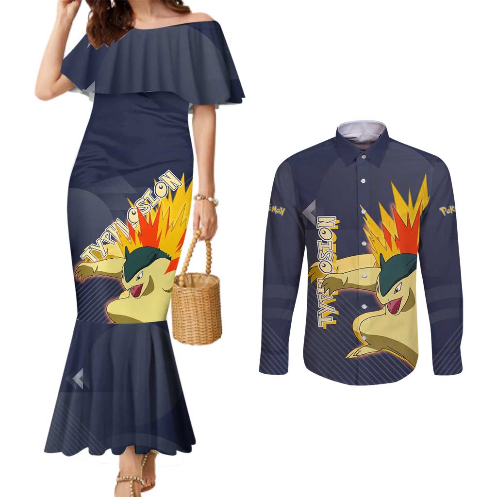 Typhlosion Poké Couples Matching Mermaid Dress and Long Sleeve Button Shirt Fierce Flame Burst Vector Style