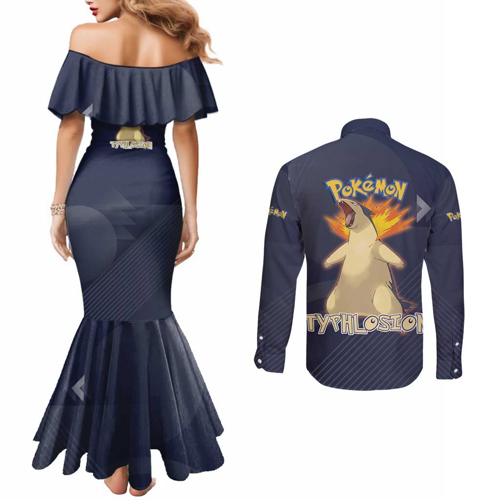 Typhlosion Poké Couples Matching Mermaid Dress and Long Sleeve Button Shirt Fierce Flame Burst Vector Style