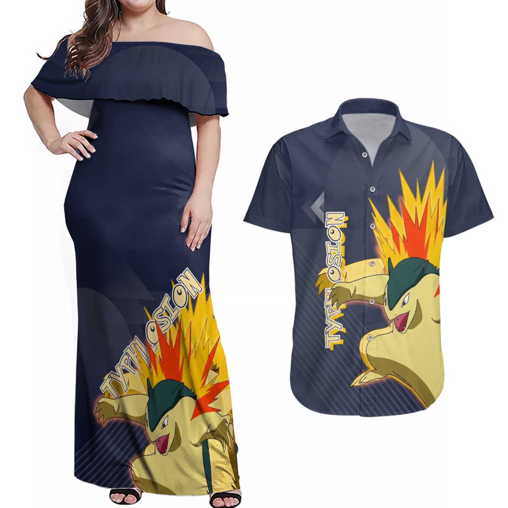 Typhlosion Poké Couples Matching Off Shoulder Maxi Dress and Hawaiian Shirt Fierce Flame Burst Vector Style