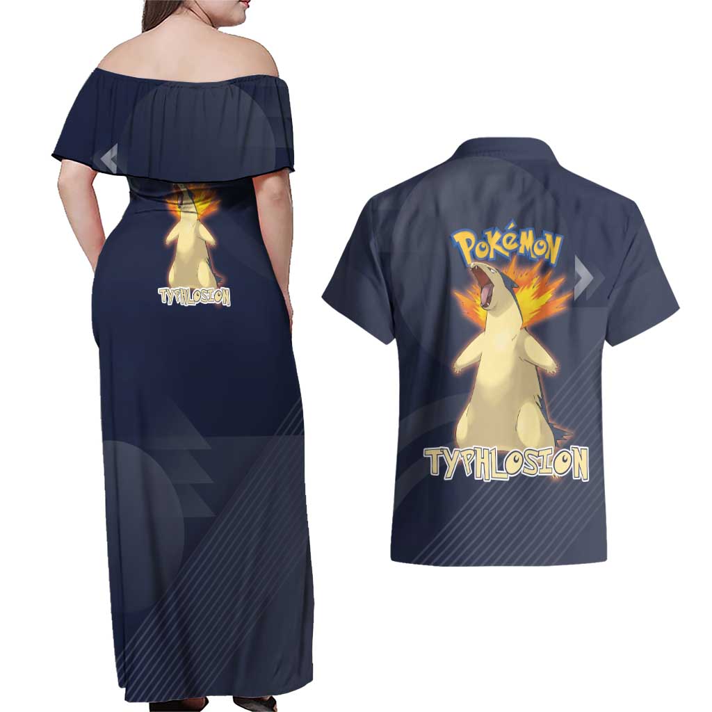 Typhlosion Poké Couples Matching Off Shoulder Maxi Dress and Hawaiian Shirt Fierce Flame Burst Vector Style
