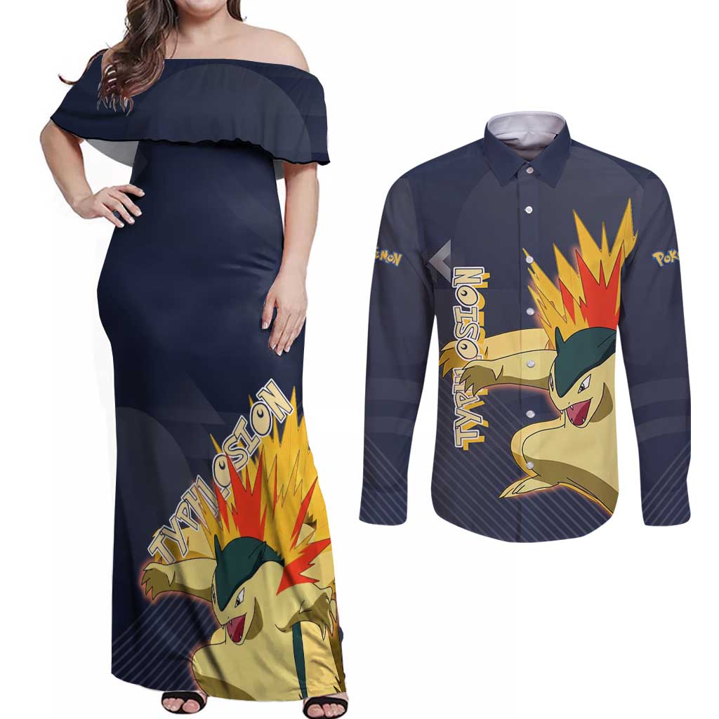 Typhlosion Poké Couples Matching Off Shoulder Maxi Dress and Long Sleeve Button Shirt Fierce Flame Burst Vector Style
