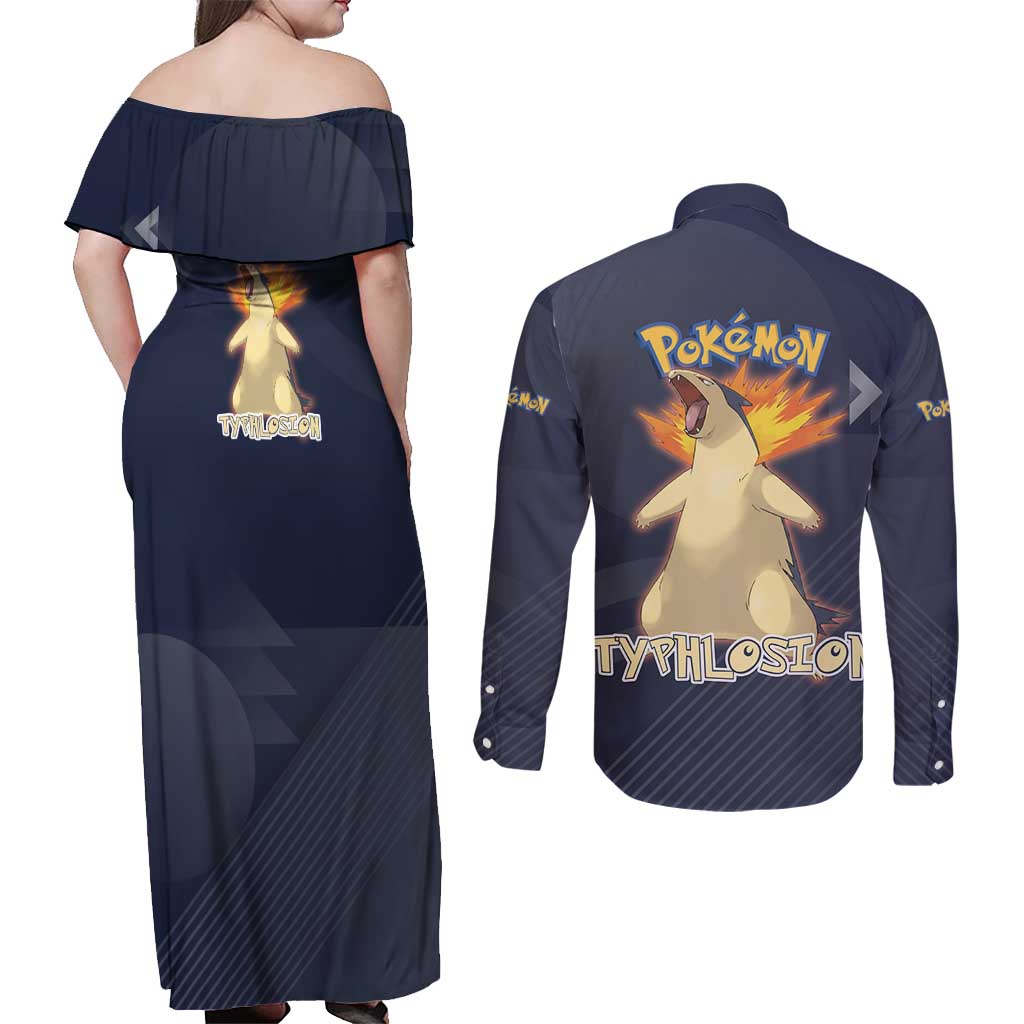 Typhlosion Poké Couples Matching Off Shoulder Maxi Dress and Long Sleeve Button Shirt Fierce Flame Burst Vector Style