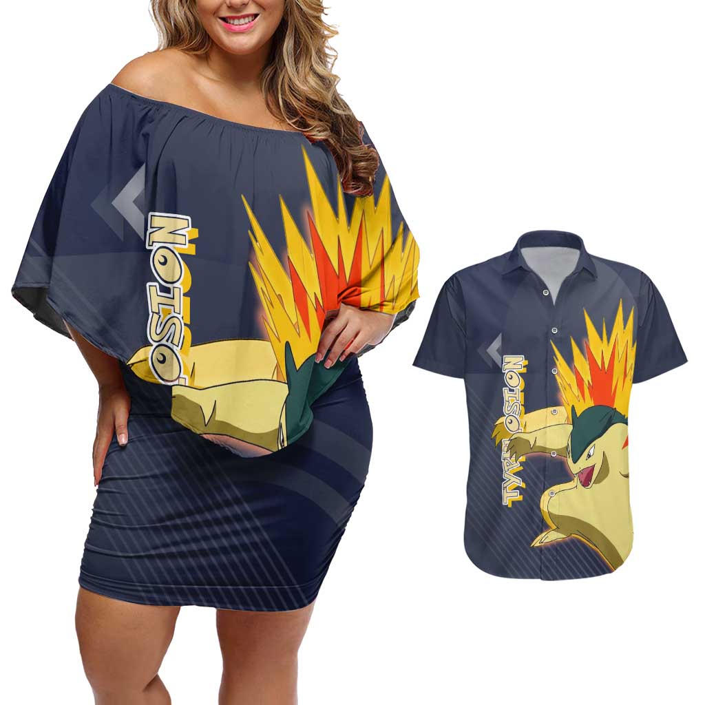 Typhlosion Poké Couples Matching Off Shoulder Short Dress and Hawaiian Shirt Fierce Flame Burst Vector Style