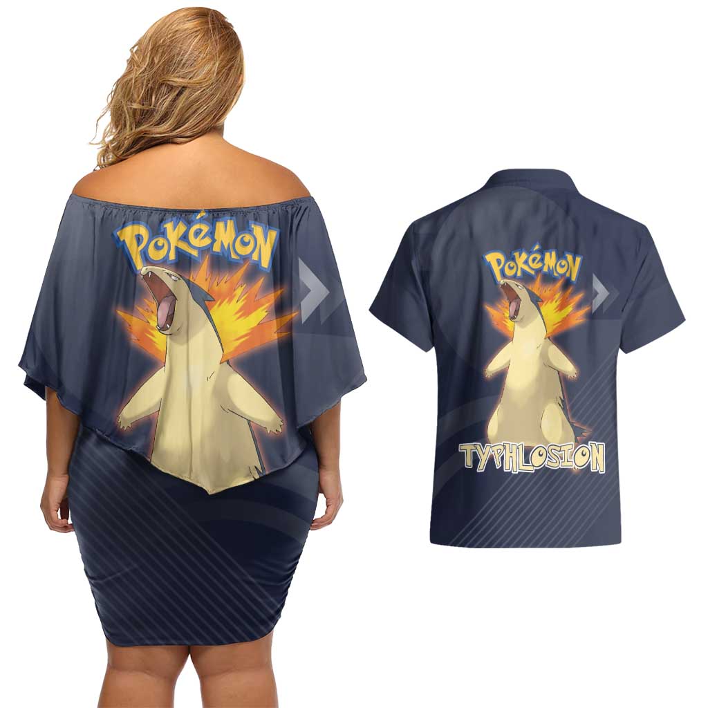 Typhlosion Poké Couples Matching Off Shoulder Short Dress and Hawaiian Shirt Fierce Flame Burst Vector Style