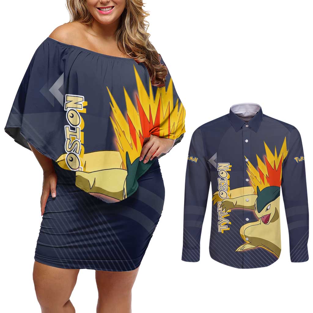 Typhlosion Poké Couples Matching Off Shoulder Short Dress and Long Sleeve Button Shirt Fierce Flame Burst Vector Style