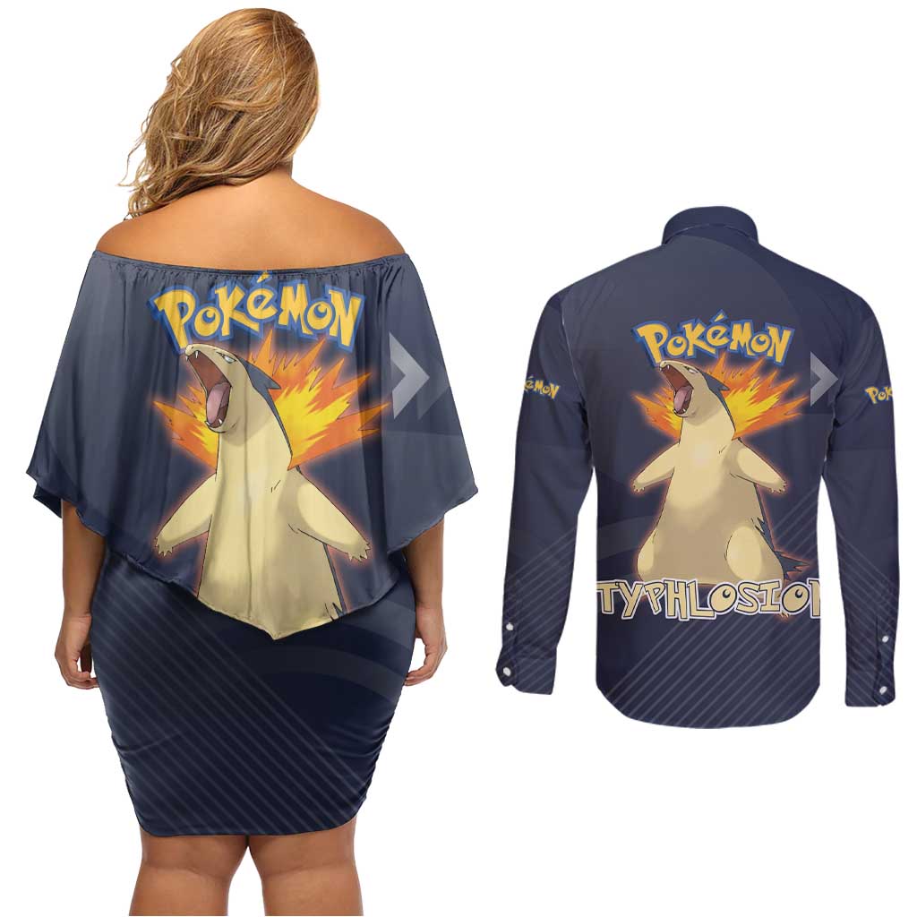 Typhlosion Poké Couples Matching Off Shoulder Short Dress and Long Sleeve Button Shirt Fierce Flame Burst Vector Style