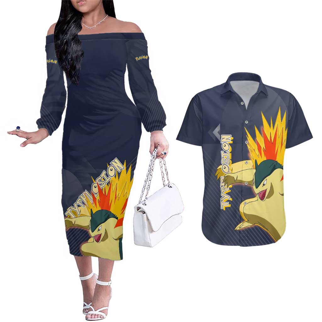 Typhlosion Poké Couples Matching Off The Shoulder Long Sleeve Dress and Hawaiian Shirt Fierce Flame Burst Vector Style