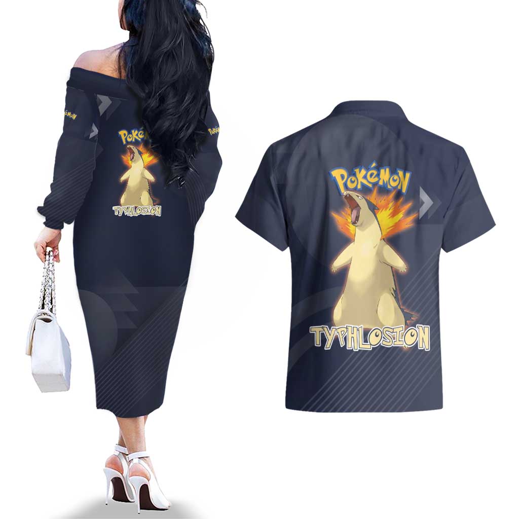 Typhlosion Poké Couples Matching Off The Shoulder Long Sleeve Dress and Hawaiian Shirt Fierce Flame Burst Vector Style