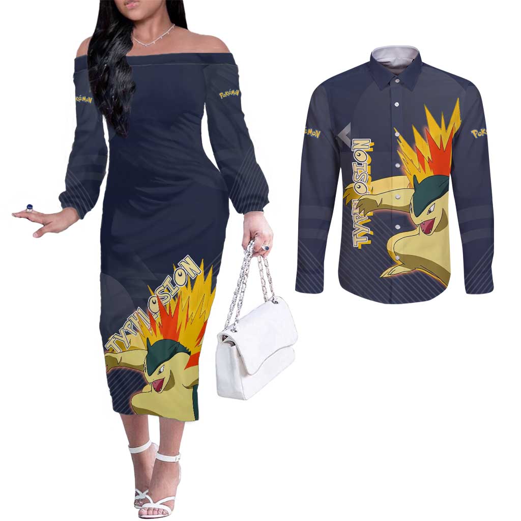 Typhlosion Poké Couples Matching Off The Shoulder Long Sleeve Dress and Long Sleeve Button Shirt Fierce Flame Burst Vector Style