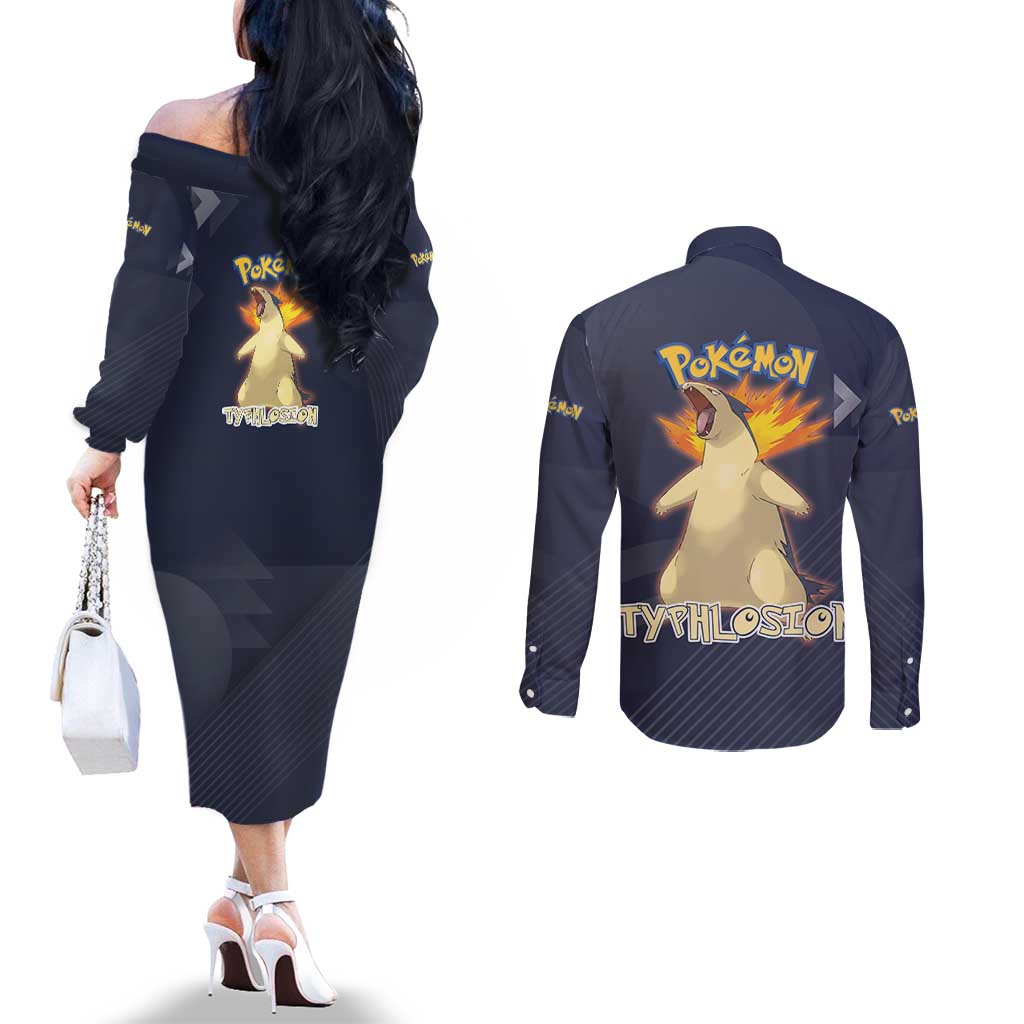 Typhlosion Poké Couples Matching Off The Shoulder Long Sleeve Dress and Long Sleeve Button Shirt Fierce Flame Burst Vector Style