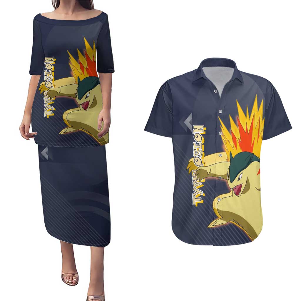 Typhlosion Poké Couples Matching Puletasi and Hawaiian Shirt Fierce Flame Burst Vector Style