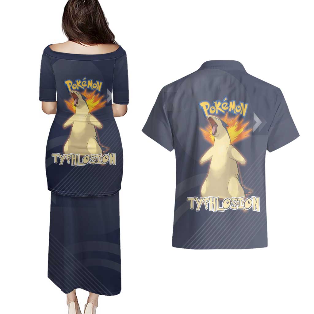 Typhlosion Poké Couples Matching Puletasi and Hawaiian Shirt Fierce Flame Burst Vector Style
