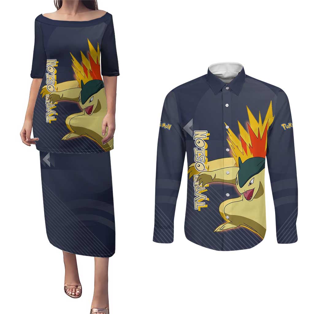 Typhlosion Poké Couples Matching Puletasi and Long Sleeve Button Shirt Fierce Flame Burst Vector Style