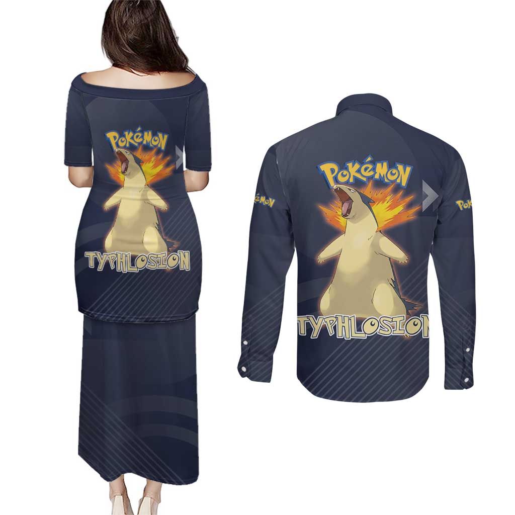 Typhlosion Poké Couples Matching Puletasi and Long Sleeve Button Shirt Fierce Flame Burst Vector Style