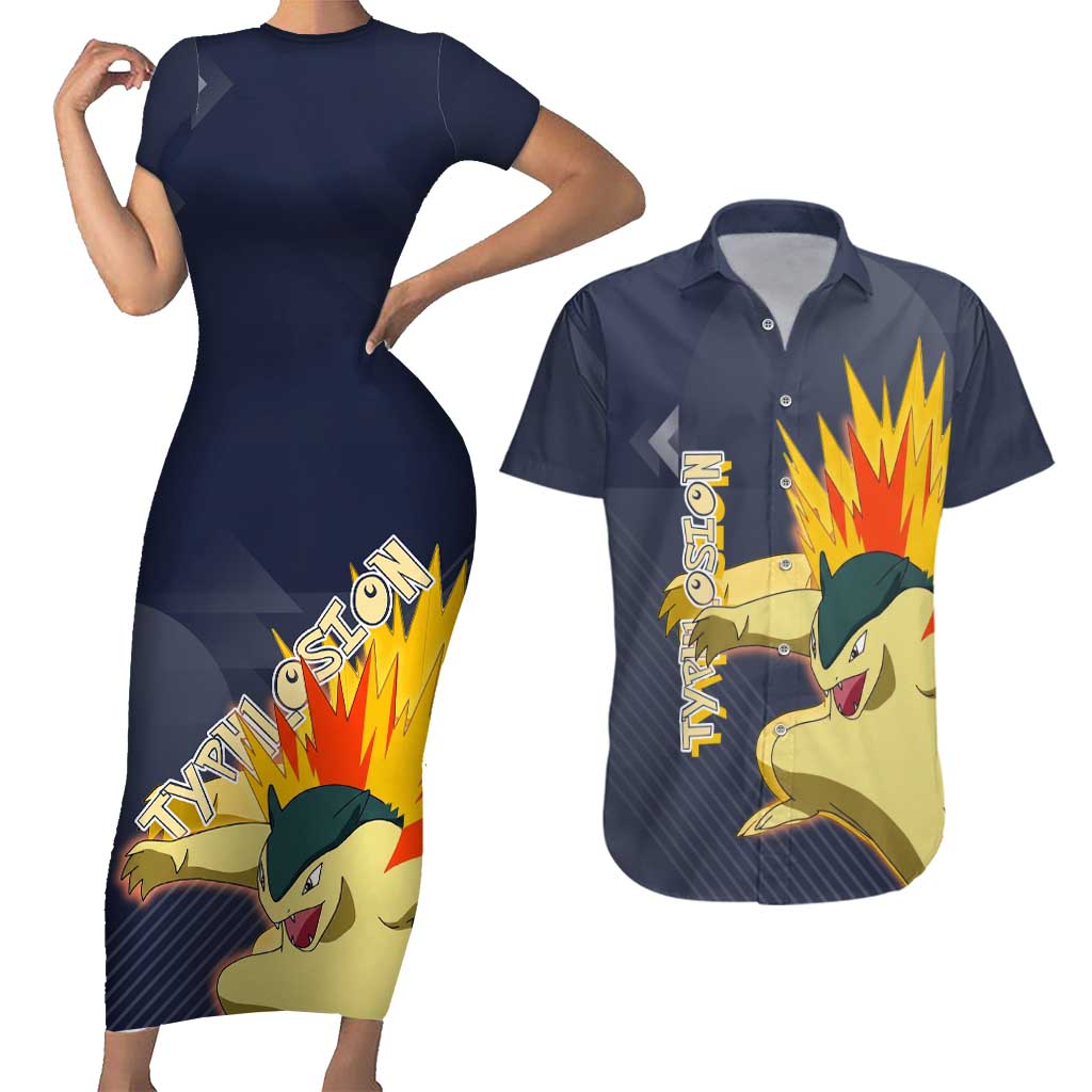 Typhlosion Poké Couples Matching Short Sleeve Bodycon Dress and Hawaiian Shirt Fierce Flame Burst Vector Style