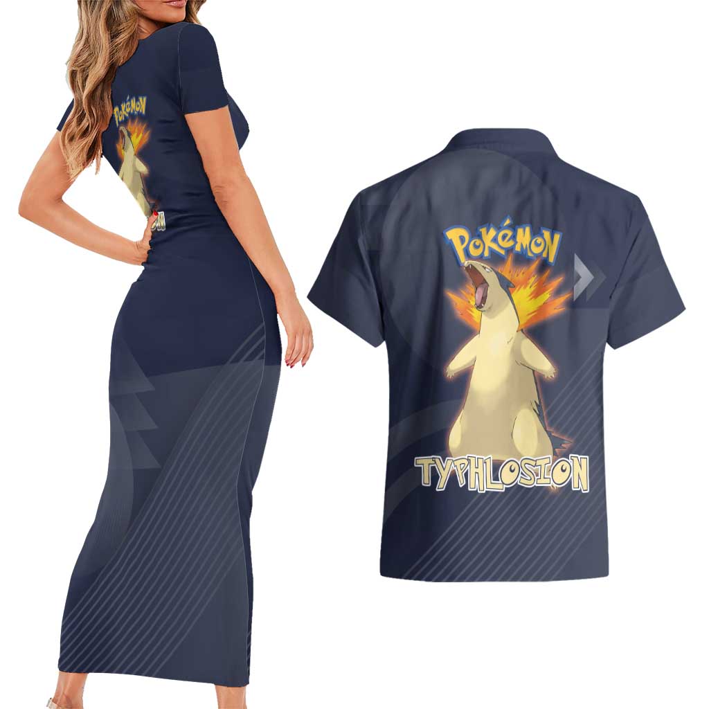 Typhlosion Poké Couples Matching Short Sleeve Bodycon Dress and Hawaiian Shirt Fierce Flame Burst Vector Style