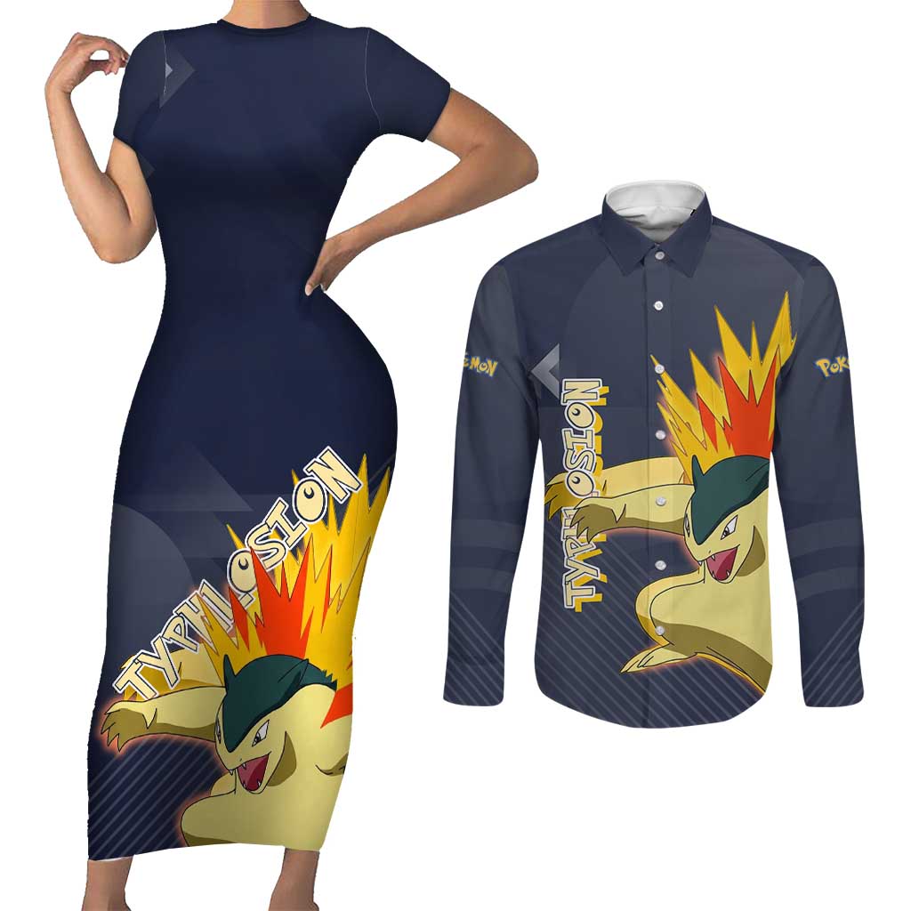 Typhlosion Poké Couples Matching Short Sleeve Bodycon Dress and Long Sleeve Button Shirt Fierce Flame Burst Vector Style