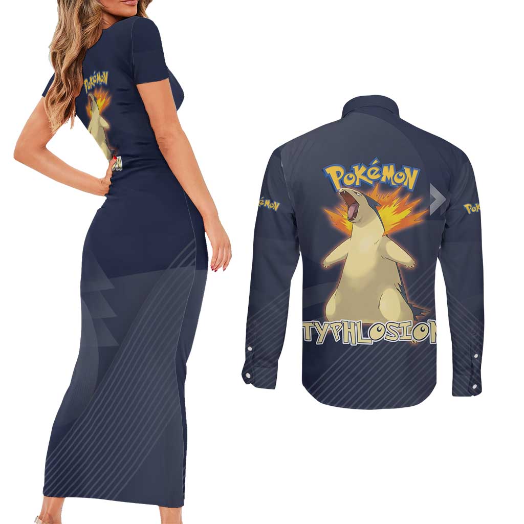 Typhlosion Poké Couples Matching Short Sleeve Bodycon Dress and Long Sleeve Button Shirt Fierce Flame Burst Vector Style