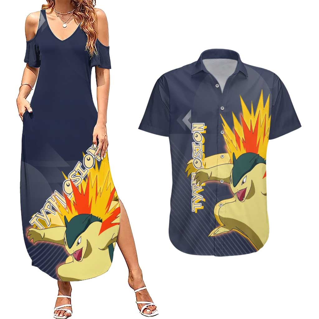 Typhlosion Poké Couples Matching Summer Maxi Dress and Hawaiian Shirt Fierce Flame Burst Vector Style