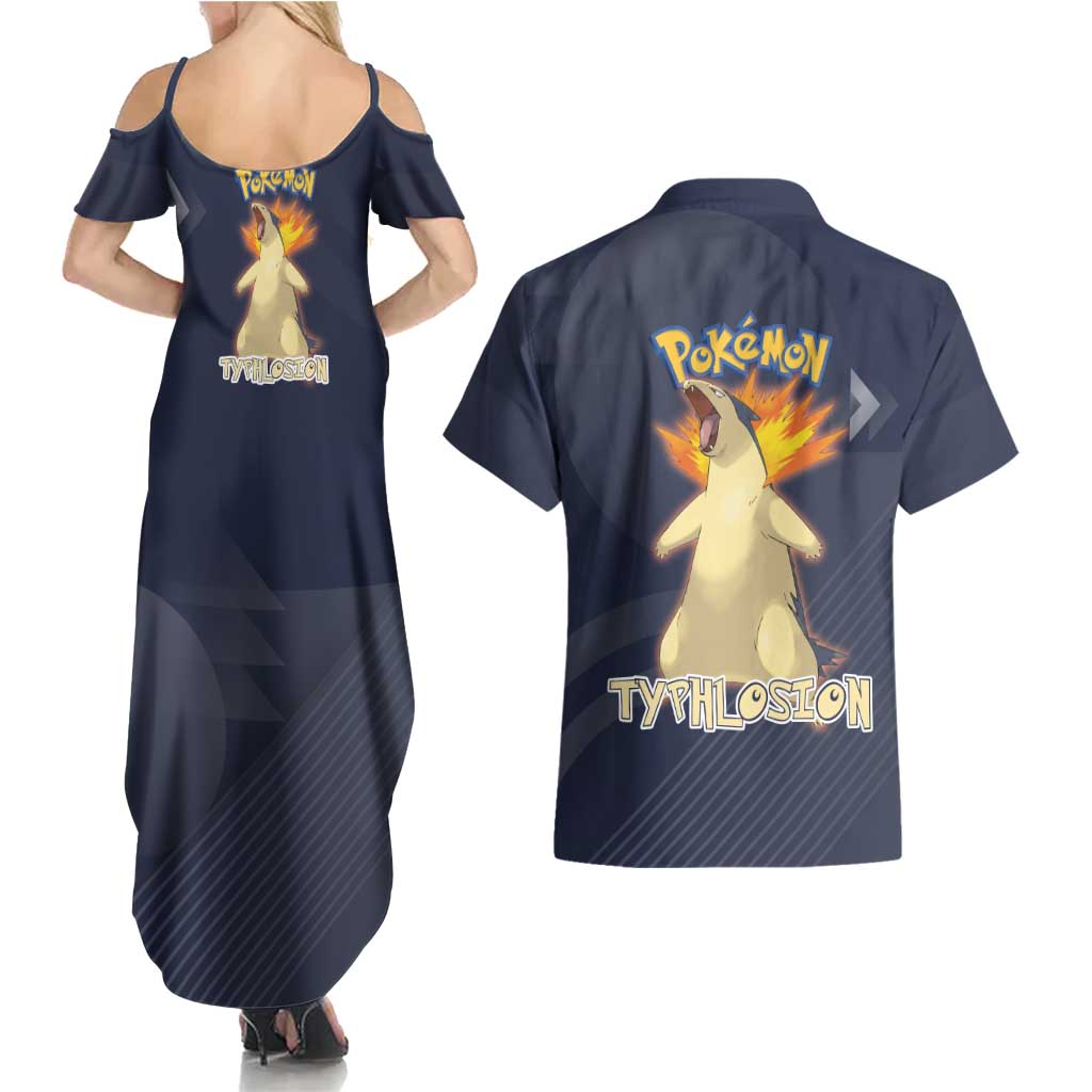Typhlosion Poké Couples Matching Summer Maxi Dress and Hawaiian Shirt Fierce Flame Burst Vector Style
