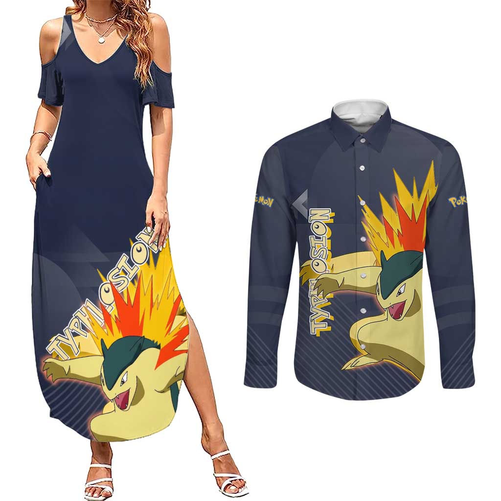 Typhlosion Poké Couples Matching Summer Maxi Dress and Long Sleeve Button Shirt Fierce Flame Burst Vector Style