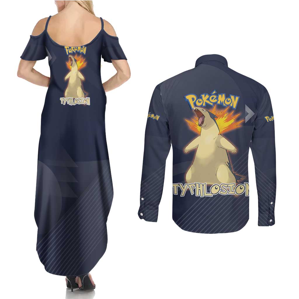 Typhlosion Poké Couples Matching Summer Maxi Dress and Long Sleeve Button Shirt Fierce Flame Burst Vector Style
