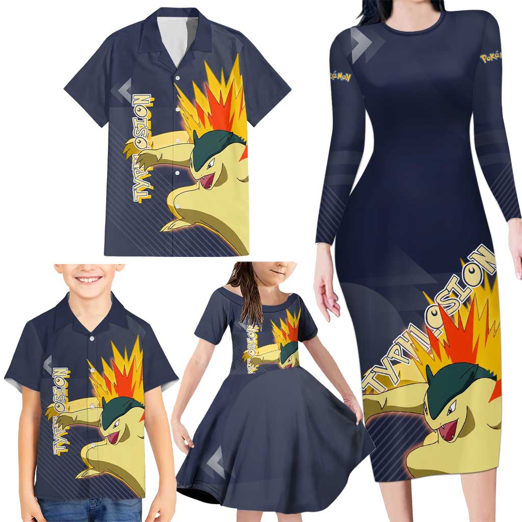 Typhlosion Poké Family Matching Long Sleeve Bodycon Dress and Hawaiian Shirt Fierce Flame Burst Vector Style