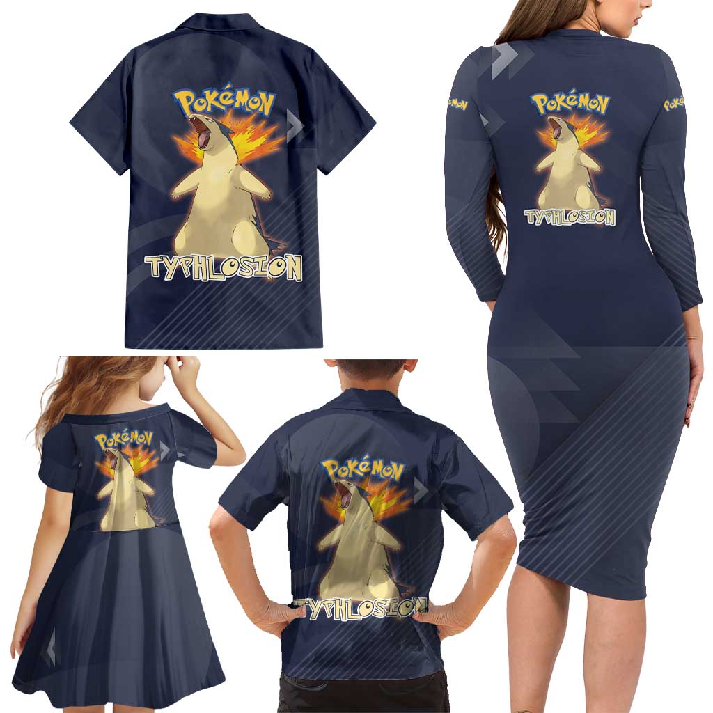 Typhlosion Poké Family Matching Long Sleeve Bodycon Dress and Hawaiian Shirt Fierce Flame Burst Vector Style