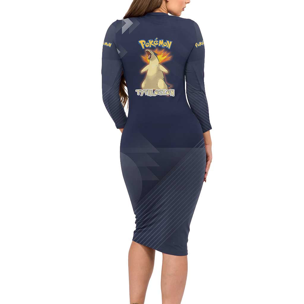 Typhlosion Poké Family Matching Long Sleeve Bodycon Dress and Hawaiian Shirt Fierce Flame Burst Vector Style