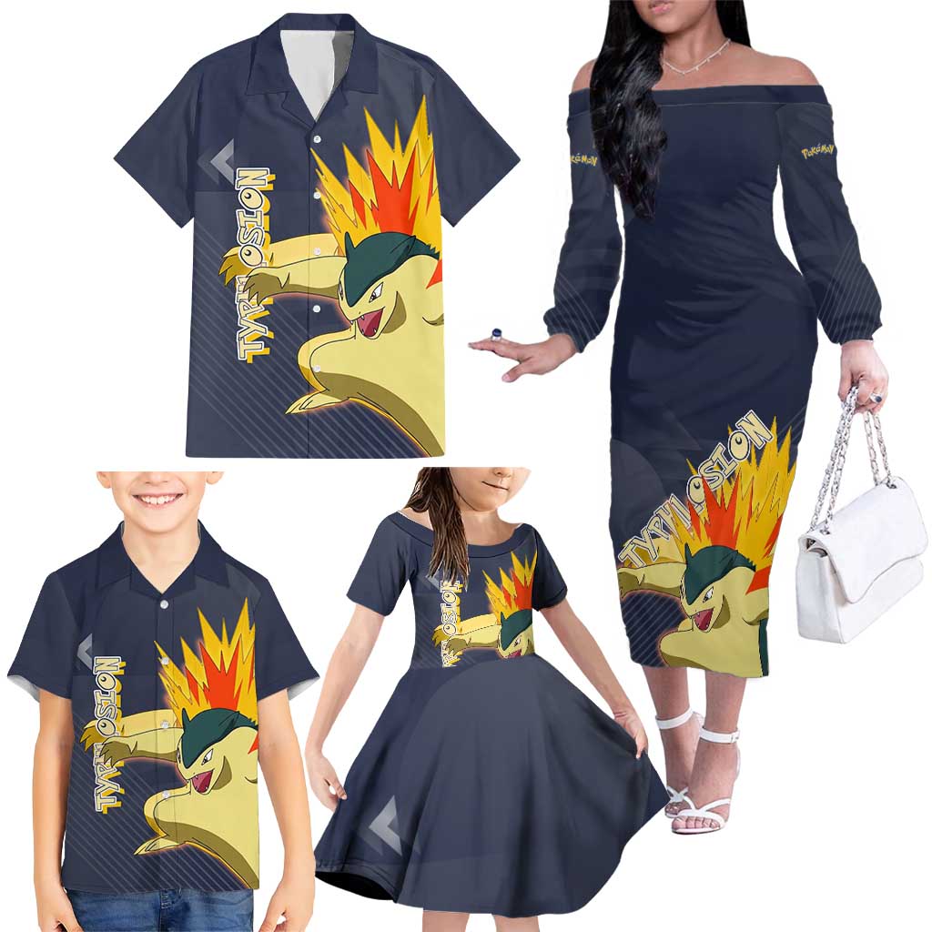 Typhlosion Poké Family Matching Off The Shoulder Long Sleeve Dress and Hawaiian Shirt Fierce Flame Burst Vector Style