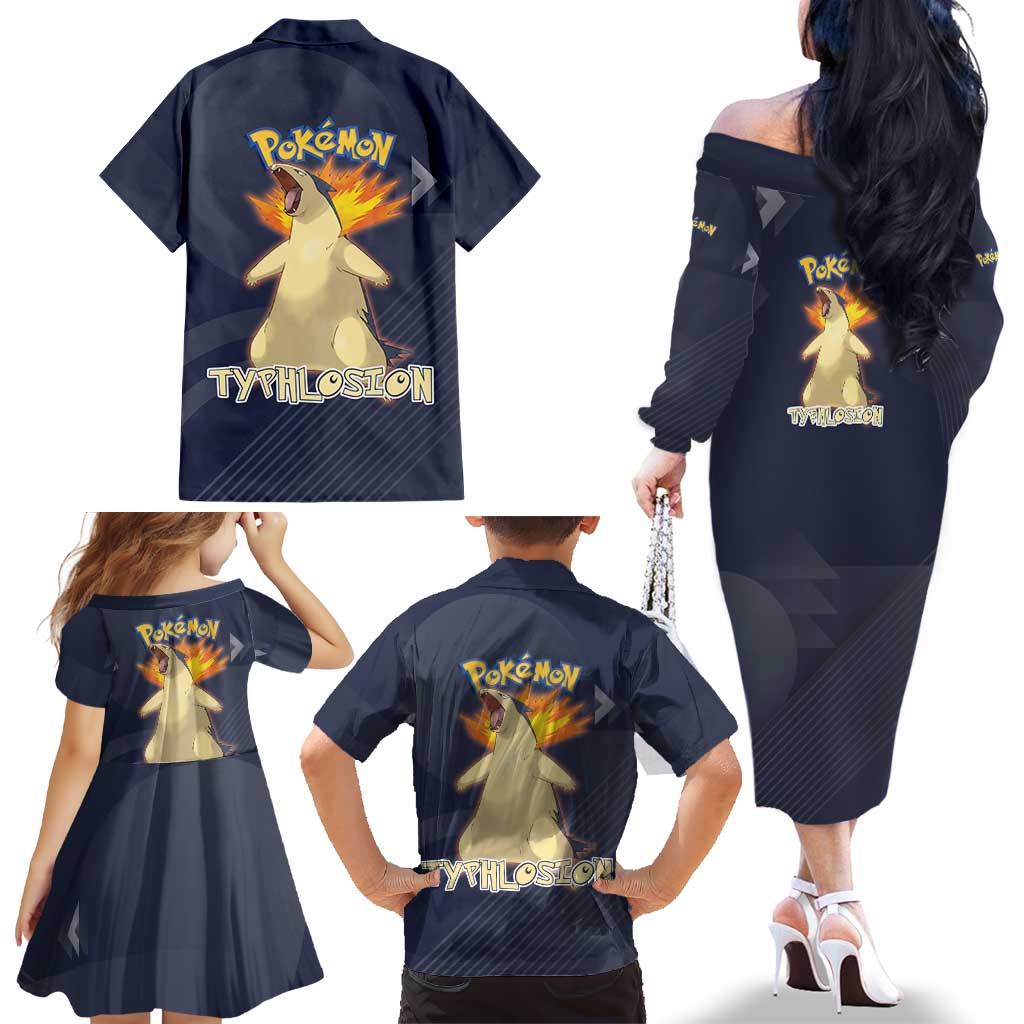 Typhlosion Poké Family Matching Off The Shoulder Long Sleeve Dress and Hawaiian Shirt Fierce Flame Burst Vector Style
