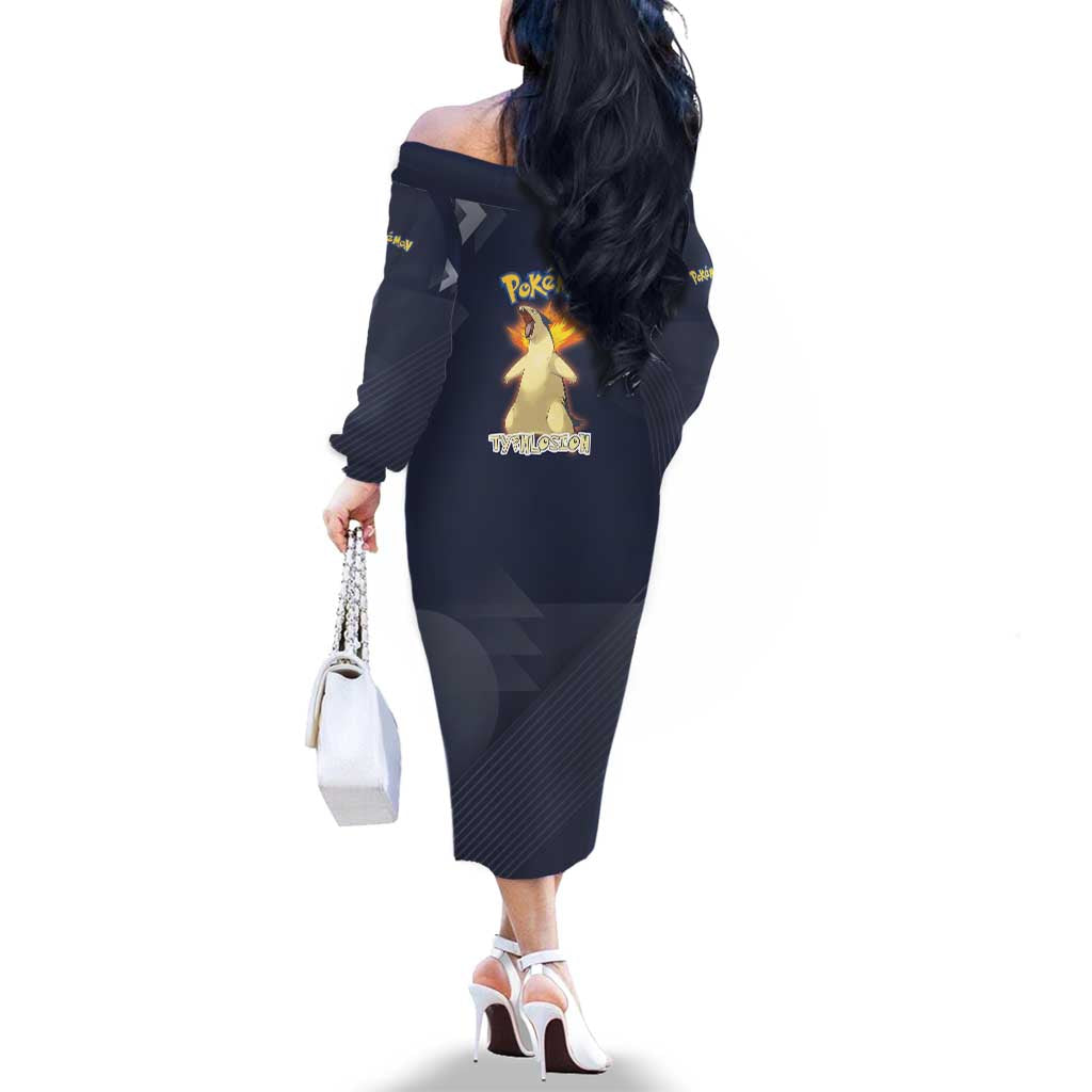 Typhlosion Poké Family Matching Off The Shoulder Long Sleeve Dress and Hawaiian Shirt Fierce Flame Burst Vector Style