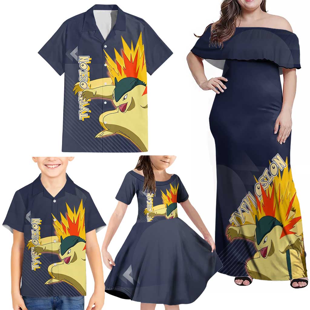 Typhlosion Poké Family Matching Off Shoulder Maxi Dress and Hawaiian Shirt Fierce Flame Burst Vector Style