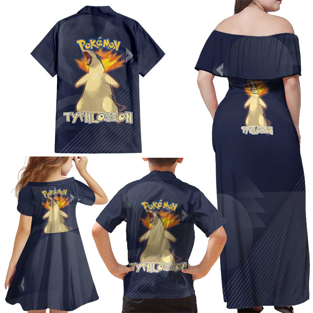 Typhlosion Poké Family Matching Off Shoulder Maxi Dress and Hawaiian Shirt Fierce Flame Burst Vector Style