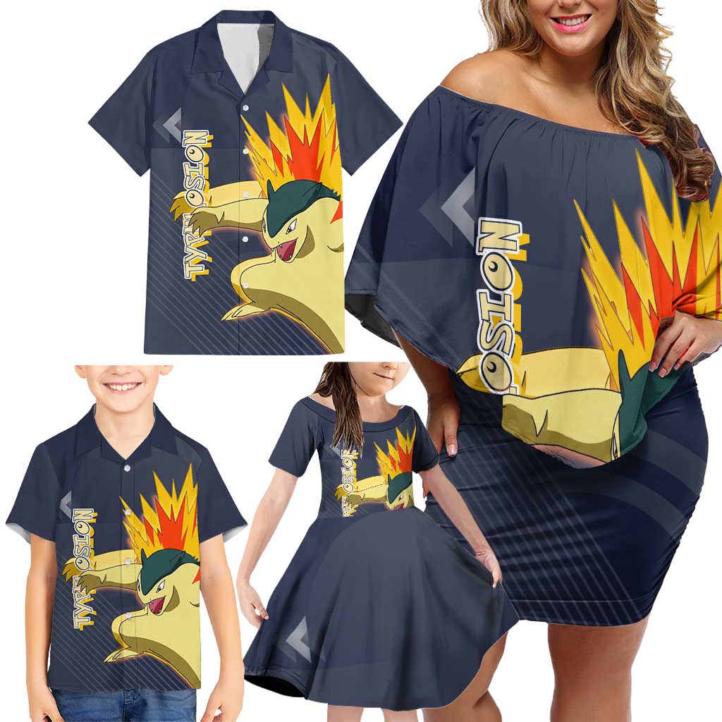 Typhlosion Poké Family Matching Off Shoulder Short Dress and Hawaiian Shirt Fierce Flame Burst Vector Style