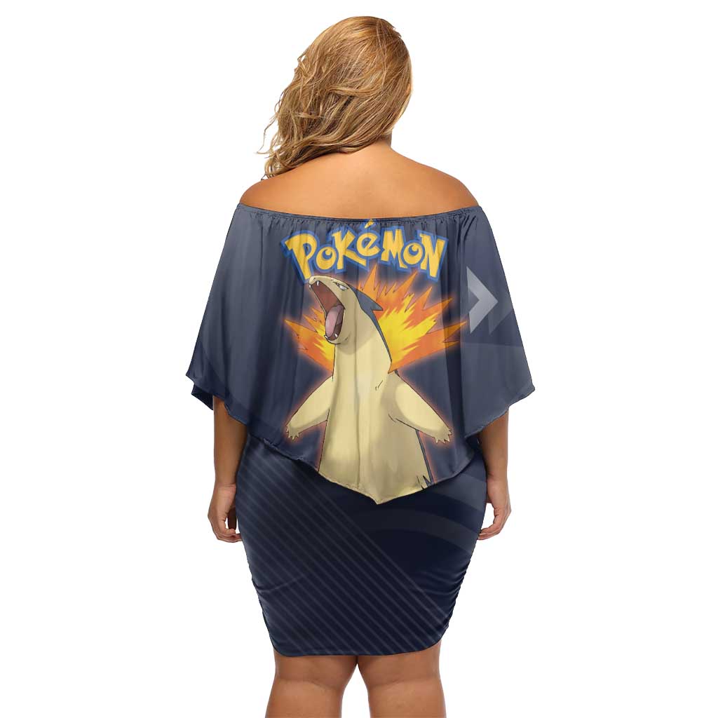 Typhlosion Poké Family Matching Off Shoulder Short Dress and Hawaiian Shirt Fierce Flame Burst Vector Style