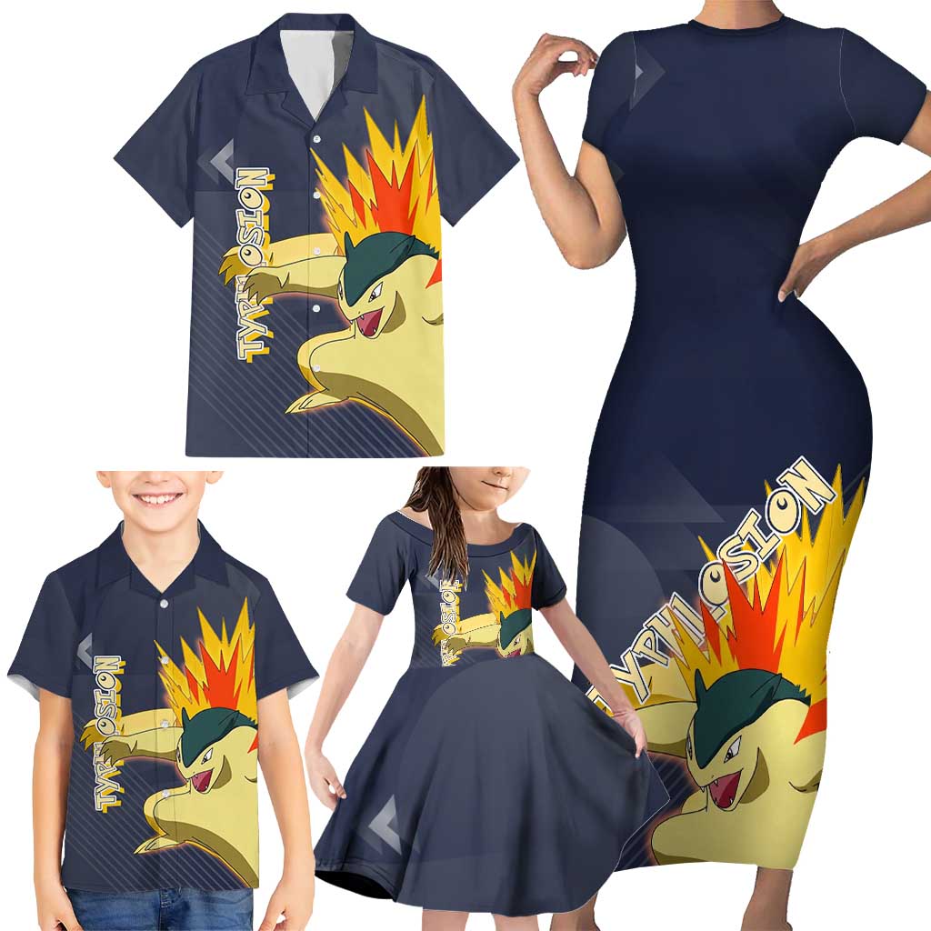Typhlosion Poké Family Matching Short Sleeve Bodycon Dress and Hawaiian Shirt Fierce Flame Burst Vector Style