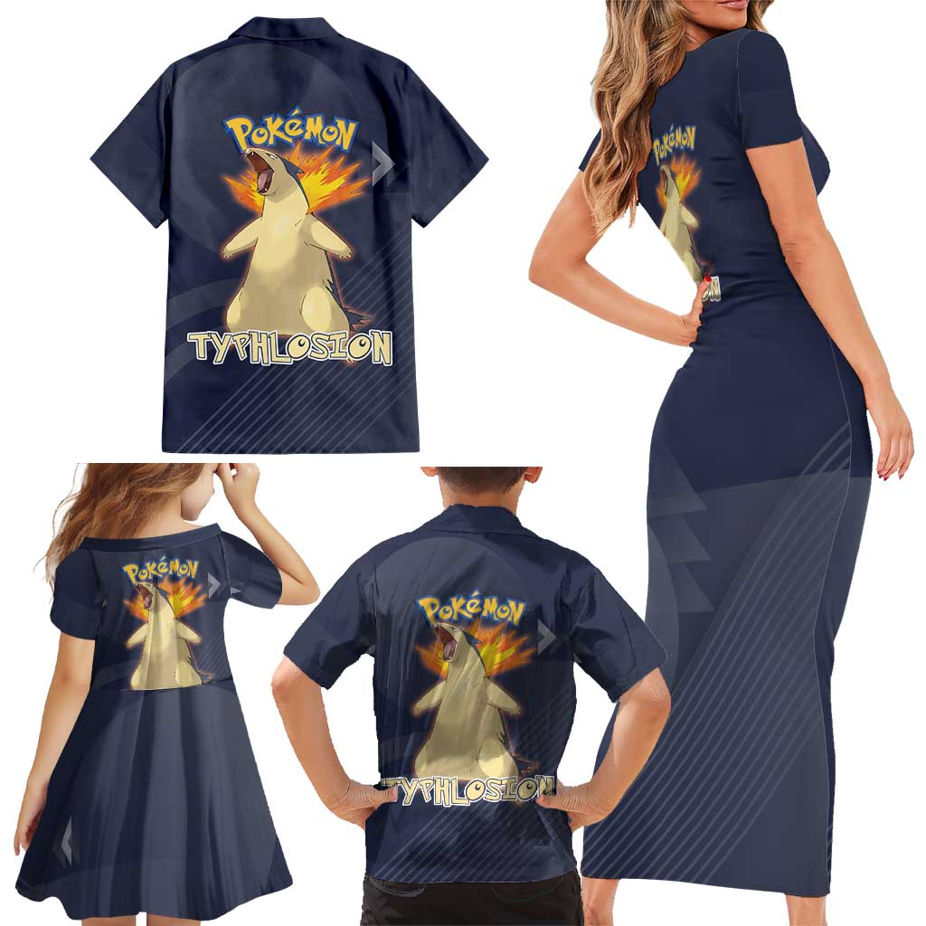 Typhlosion Poké Family Matching Short Sleeve Bodycon Dress and Hawaiian Shirt Fierce Flame Burst Vector Style