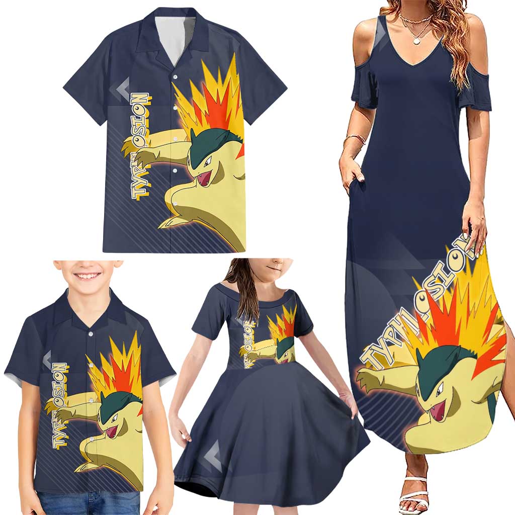 Typhlosion Poké Family Matching Summer Maxi Dress and Hawaiian Shirt Fierce Flame Burst Vector Style