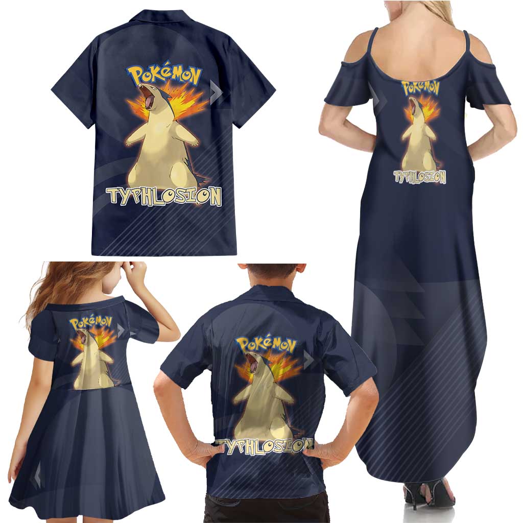 Typhlosion Poké Family Matching Summer Maxi Dress and Hawaiian Shirt Fierce Flame Burst Vector Style