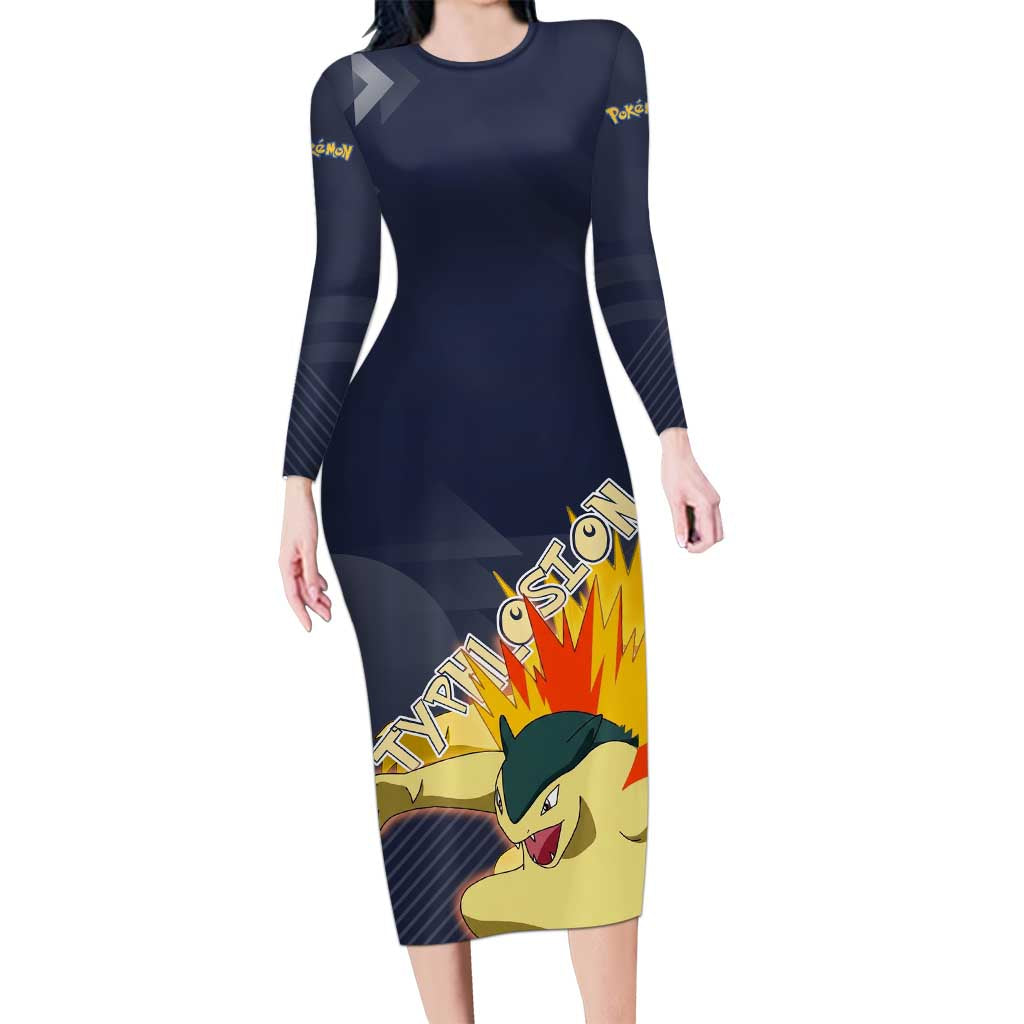 Typhlosion Poké Long Sleeve Bodycon Dress Fierce Flame Burst Vector Style