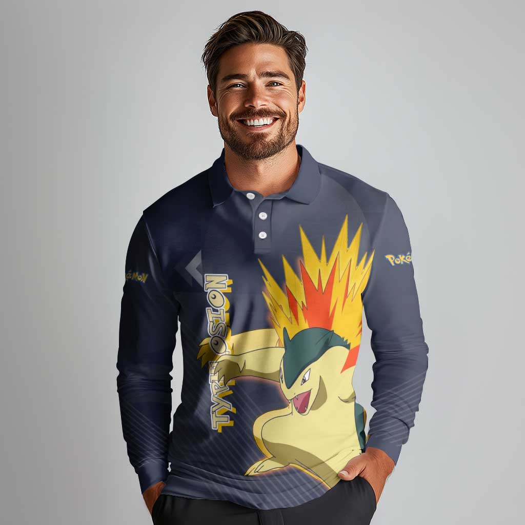 Typhlosion Poké Long Sleeve Polo Shirt Fierce Flame Burst Vector Style