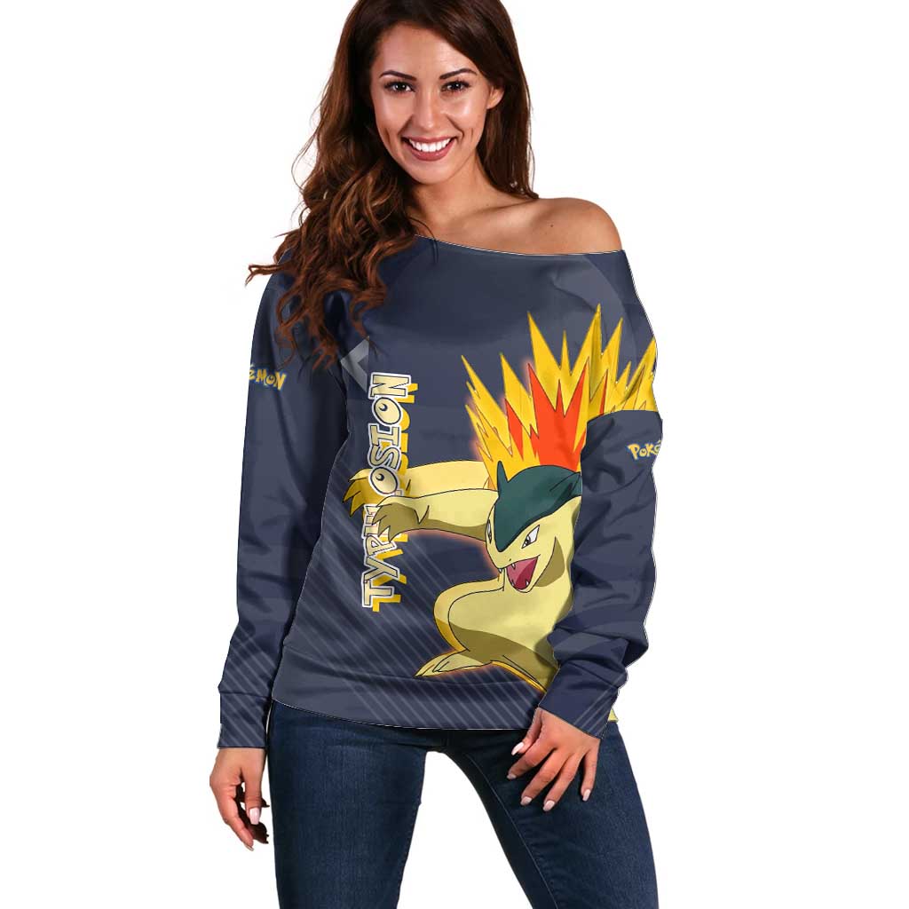 Typhlosion Poké Off Shoulder Sweater Fierce Flame Burst Vector Style