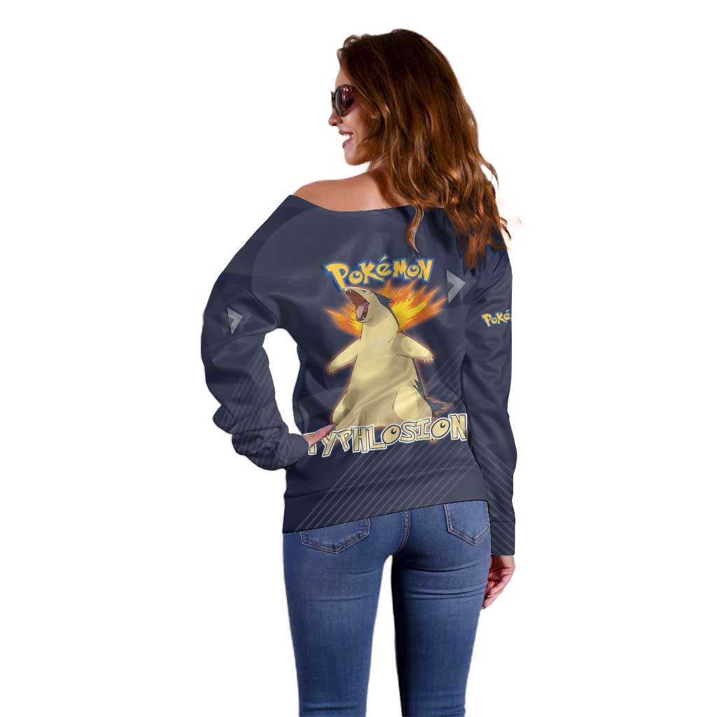 Typhlosion Poké Off Shoulder Sweater Fierce Flame Burst Vector Style