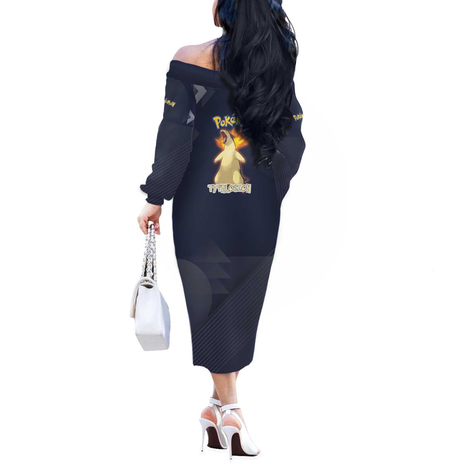 Typhlosion Poké Off The Shoulder Long Sleeve Dress Fierce Flame Burst Vector Style